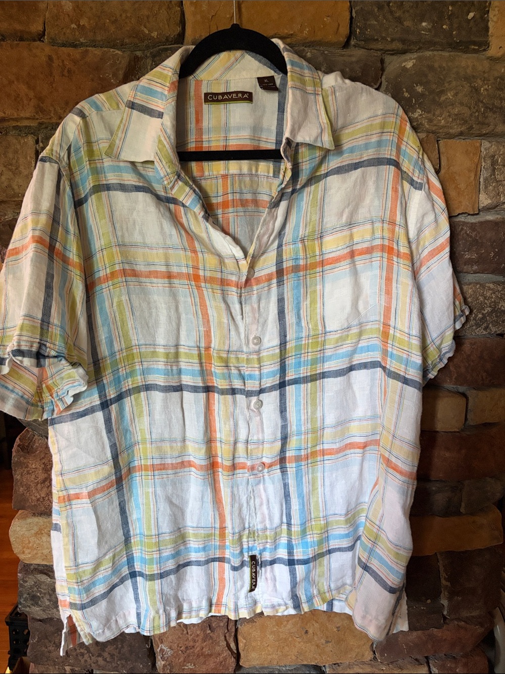 Cubavera Men's White Multicolor Plaid Linen Short-Sleeve Shirt
